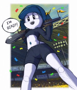 1girl baseball_bat baseball_stadium black_eyes black_shorts blue_hair breasts commentary confetti english_commentary english_text from_below highleg highleg_panties highres holding holding_baseball_bat jenny_wakeman joints midriff my_life_as_a_teenage_robot navel open_mouth outside_border panties robot_girl robot_joints short_shorts shorts small_breasts smile solo souldroids twintails underwear