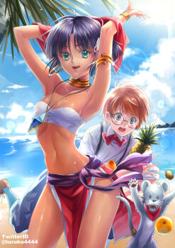 1990s_(style) 1boy 1girl aqua_eyes armband armlet armpits arms_up bandeau black_hair blue_eyes brown_hair choker cloud dark-skinned_female dark_skin day earrings food fruit fushigi_no_umi_no_nadia glasses hair_ornament jean_roque_lartigue jean_roque_raltique jewelry king_(nadia) lion loincloth looking_at_viewer nadia_la_arwall ocean open_mouth orange_(fruit) outdoors palm_tree pendant pineapple retro_artstyle sash short_hair sky tree turukokoko twitter_username undressing white_bandeau