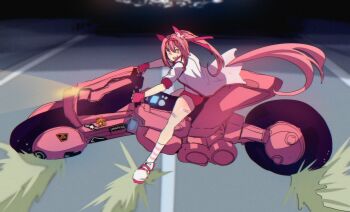 1girl absurdres akira_(manga) akira_slide animal_ears bandaid bandaid_on_leg blush bow buruma character_sticker commentary drifting ear_bow ear_covers flower-shaped_pupils flower_in_eye gloves hairband haru_urara_(bestest_prize)_(umamusume) haru_urara_(umamusume) headband highres hinghoi horse_ears horse_girl horse_tail jacket kaneda_shoutarou&#039;s_bike long_hair looking_at_viewer mayano_top_gun_(scramble_zone)_(umamusume) mayano_top_gun_(umamusume) motor_vehicle motorcycle on_motorcycle open_mouth pink_buruma pink_eyes pink_hair pink_headband ponytail red_buruma red_gloves red_headband shirt smile solo sticker symbol-only_commentary symbol-shaped_pupils symbol_in_eye tail umamusume umapyoi_(phrase)