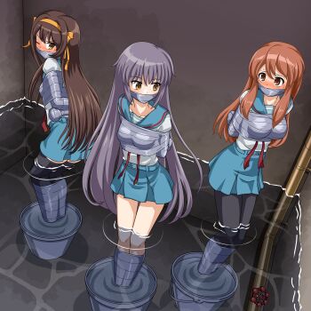 Rule 34 | 3girls, absurdres, asahina mikuru, bdsm, blush, bondage, bound, collarbone, female focus, gag, gagged, highres, improvised gag, multiple girls, nagato yuki, peril, restrained, struggling, suzumiya haruhi, suzumiya haruhi no shoushitsu, suzumiya haruhi no yuuutsu, sweatdrop, tape, tape bondage, tape gag, taped arms, taped fingers, taped hands, taped legs, thalter39o, tied up (nonsexual)