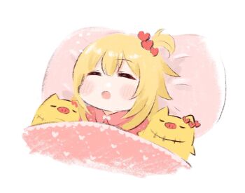 Rule 34 | 1girl, = =, akai haato, blanket, blonde hair, blush stickers, closed eyes, haaton (akai haato), hair between eyes, hair ornament, haseco777, heart, heart hair ornament, highres, hololive, one side up, open mouth, pajamas, pillow, pink pajamas, sleeping, solo, stuffed animal, stuffed pig, stuffed toy, under covers, virtual youtuber