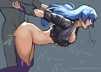 1girl ahegao ass bad_tag bent_over blue_hair breasts cleavage half-jacket holding_another's_arm kula_diamond large_breasts long_hair sex sex_from_behind simple_background skindentation straight_hair sunbeam_(artist) the_king_of_fighters tongue tongue_out yellow_eyes
