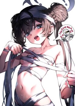 1girl 2025 absurdres alternate_costume bandaged_arm bandaged_hand bandaged_head bandaged_waist bandages bare_shoulders black_hair blue_archive blue_eyes blush braid braided_bun breasts butterfly_hair_ornament chest_sarashi collarbone cosplay double_bun eyes_visible_through_hair grey_halo hair_between_eyes hair_bun hair_ornament halloween halo hands_up highres kisaki_(blue_archive) loli long_hair looking_at_viewer mummy_costume naked_bandage navel open_mouth redcomet sarashi small_breasts solo stomach teeth twintails underboob very_long_hair