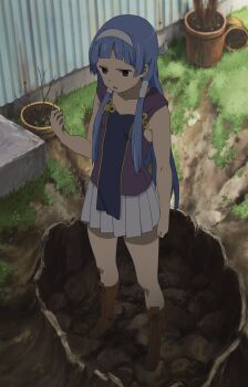 1girl absurdres anime_screenshot blue_hair boots breasts hair_ribbon highres kannagi legs long_hair nagi open_mouth outdoors purple_eyes ribbon skirt small_breasts solo stitched thighs third-party_edit