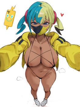 1girl areola_slip bikini black_bikini black_mask blonde_hair blue_eyes blue_hair bottomless breasts canari_(pokemon) cleavage commentary covered_erect_nipples criss-cross_straps dark-skinned_female dark_skin gen_4_pokemon heart highres large_breasts looking_at_viewer mask mega_stone mouth_mask multicolored_hair navel nintendo outstretched_arms pokemon pokemon_legends:_z-a rakeemspoon rotom rotom_phone shoes short_twintails simple_background sneakers solo split-color_hair spread_arms string_bikini swimsuit twintails two-tone_hair two-tone_mask variant_set white_background white_shoes yellow_mask