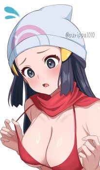 1girl alternate_breast_size_(larger) beanie bikini black_eyes black_hair blush breasts cleavage collarbone commentary_request dawn_(pokemon) hat highres long_hair nintendo open_mouth pokemon pokemon_dppt red_bikini red_scarf scarf simple_background solo surippa1010 swimsuit twitter_username upper_body white_background white_hat