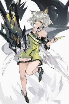 1girl 1other animal_ears arknights bare_legs black_footwear dress green_dress green_eyes grey_eyes highres kal'tsit_(arknights) looking_at_viewer mon3tr_(arknights) no_panties rixingyisha shoes simple_background squid standing standing_on_one_leg syringe white_background