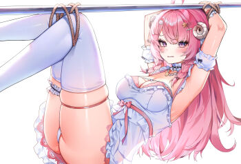 1girl ahoge armpits bead_necklace beads blush braid breasts bu_leike character_request cleavage commentary_request copyright_request curled_horns detached_sleeves dress feet_out_of_frame frilled_sleeves frilled_thigh_strap frills hair_ornament highres horns jewelry large_breasts long_hair looking_at_viewer necklace open_mouth panties pink_hair purple_eyes restrained rotisserie short_sleeves simple_background skindentation solo star_(symbol) star_hair_ornament thigh_strap thighhighs thighs twin_braids underwear very_long_hair virtual_youtuber white_background white_dress white_panties white_thighhighs