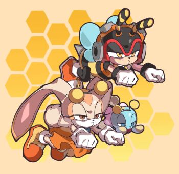 1girl 2boys animal_ears antennae bee blue_eyes brown_eyes bug charmy_bee cheese_(sonic) clenched_hands cream_the_rabbit dress eyelashes flying furry furry_female gloves goggles half-closed_eyes headphones hexagon honeycomb_(pattern) honeycomb_background insect insect_wings mask merry_bongbong multiple_boys multiple_girls o3o orange_dress orange_skirt pout rabbit_ears rabbit_girl shoes skirt sleeveless sleeveless_dress sonic_(series) tail white_gloves wings yellow_eyes