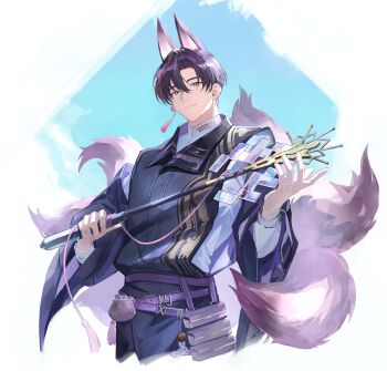 1boy absurdres animal_ears arknights blue_background commentary cowboy_shot cropped_legs earrings fox_boy fox_ears fox_tail green_eyes highres holding holding_staff japanese_clothes jewelry kitsune kyuubi looking_at_viewer male_focus multiple_tails okonon_(kado_colda) purple_hair purple_shirt shirt short_hair simple_background single_earring smile solo staff suzuran's_father_(arknights) tail tassel tassel_earrings two-tone_background white_background