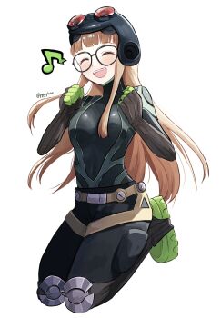 1girl :d black_bodysuit blush bodysuit breasts brown_hair clenched_hands closed_eyes full_body goggles goggles_on_head hands_up highres long_hair musical_note open_mouth oracle_(persona_5) persona persona_5 pppppknw sakura_futaba simple_background small_breasts smile spoken_musical_note teeth upper_teeth_only very_long_hair white_background
