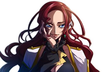 1girl artist_request ascot black_shirt blue_eyes breasts carly_disel cleavage code_geass code_geass:_lost_stories collarbone earrings female_focus forehead hair_ornament hairclip hand_in_own_hair hand_on_own_cheek hand_on_own_face hand_up happy jewelry large_breasts licking_lips long_hair long_sleeves looking_at_viewer mole mole_under_mouth non-web_source official_art open_mouth raised_eyebrow red_hair shirt sidelocks simple_background smile solo straight-on tongue tongue_out transparent_background upper_body yellow_ascot