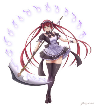 Rule 34 | 1girl, airi (queen's blade), airi (the infernal temptress), apron, black dress, black thighhighs, blush, breasts, dress, frilled apron, frills, green eyes, highres, kkkowy0913, long hair, looking at viewer, maid, maid apron, maid headdress, medium breasts, puffy short sleeves, puffy sleeves, queen's blade, red hair, scythe, shiny skin, short sleeves, solo, spirit, standing, thighhighs, twintails, waist apron, white apron, wrist cuffs