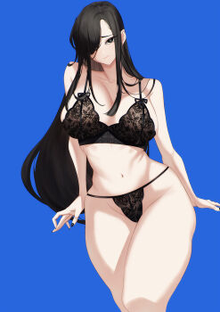 1girl black_bra black_eyes black_hair black_panties blue_background blueorca blush bra breasts bright_pupils cleavage closed_mouth commentary dress english_commentary furrowed_brow hair_over_one_eye hasshaku-sama highres japanese_urban_legends large_breasts lingerie long_hair looking_at_viewer navel original panties simple_background skindentation solo stomach sundress tall_female underwear very_long_hair white_pupils wide_hips