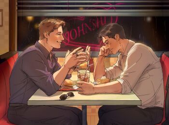 2boys afra816 arm_on_table arm_up beard_stubble belt black_belt black_hair black_pants blue_shirt booth_seating brown_hair burger closed_eyes closed_mouth collared_shirt commentary couple curled_fingers diner drink drinking_straw english_text facial_hair food hand_on_another's_face hands_up hashtag-only_commentary heart highres jewelry johnny_cage kenshi_(mortal_kombat) ketchup ketchup_bottle male_focus mortal_kombat_(series) mortal_kombat_1_(2023) multiple_boys night pants plate profile pudding rain ring shirt sitting sleeves_rolled_up smile stubble sunglasses table teeth unworn_eyewear white_shirt window_blinds wing_collar