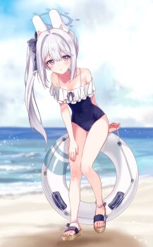 Rule 34 | 1girl, animal ears, bare legs, bare shoulders, beach, black bow, blue archive, blue halo, blue one-piece swimsuit, blush, bow, collarbone, commentary request, day, fake animal ears, frilled one-piece swimsuit, frills, full body, hair bow, hair intakes, halo, highres, holding, holding swim ring, innertube, kuroi mimei, leaning forward, long hair, looking at viewer, miyako (blue archive), miyako (swimsuit) (blue archive), ocean, off-shoulder one-piece swimsuit, off shoulder, official alternate costume, official alternate hairstyle, one-piece swimsuit, outdoors, purple eyes, rabbit ears, sandals, sidelocks, solo, straight-on, straight hair, swim ring, swimsuit, thigh gap, toes, very long hair