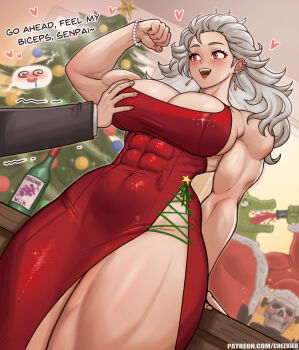 1girl 2boys abs alcohol biceps blush bottle bracelet breasts caiman_(dorohedoro) cheekie christmas_ornaments christmas_tree colored_skin dorohedoro dress ear_piercing earrings formal_clothes green_skin hat heart highres jewelry large_breasts leaning_back long_hair mask multiple_boys muscular muscular_female noi_(dorohedoro) open_mouth pearl_bracelet piercing red_dress red_eyes reptile_boy saliva santa_costume santa_hat sharp_teeth shin_(dorohedoro) skull skull_mask smile sparkle suit table teeth thick_thighs thighs white_hair wine wine_bottle