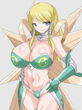 1girl angel_girl armor bikini_armor blonde_hair blue_eyes breasts digimon digimon_(creature) looking_at_viewer ofanimon pixiv_(20294726) wings