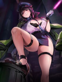 1girl between_breasts black_bra black_choker black_hair bra breasts choker cuffs d_(killer_wife)_(secret_police)_(nikke) d_(nikke) from_below gijang gloves goddess_of_victory:_nikke grin handcuffs hat highres holding holding_baton holding_handcuffs large_breasts looking_at_viewer miniskirt necktie necktie_between_breasts official_alternate_costume police_hat red_eyes shirt skirt smile solo thigh_strap thighs underwear white_gloves