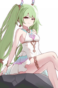 1girl breasts closed_mouth commentary crossed_legs earrings english_commentary green_eyes green_hair hair_ornament highres honkai_(series) honkai_impact_3rd jewelry long_hair marin_liekuriva medium_breasts mobius_(daughter_of_corals)_(honkai_impact) mobius_(honkai_impact) simple_background single_earring sitting slit_pupils smile solo swimsuit twintails white_background