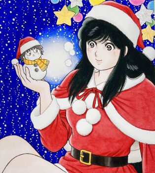 Rule 34 | 1girl, aoba shunsuke, asaoka natsumi, belt, belt buckle, black belt, black hair, brown eyes, buckle, capelet, character snowman, christmas, closed mouth, commentary request, dress, fur-trimmed capelet, fur-trimmed dress, fur-trimmed headwear, fur trim, hand up, hat, highres, holding snowman, knees up, long hair, miura mitsuru, official artist extra, pom pom (clothes), red capelet, red dress, red hat, santa costume, santa hat, scarf, short dress, sidelocks, sitting, smile, snowing, snowman, solo, star (symbol), striped clothes, striped scarf, the kabocha wine, yellow scarf
