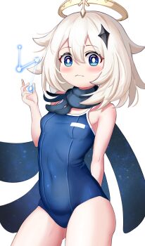 :3 alternate_costume b-pang blue_eyes blush breasts competition_school_swimsuit competition_swimsuit genshin_impact one-piece_swimsuit paimon_(genshin_impact) school_swimsuit small_breasts swimsuit white_hair