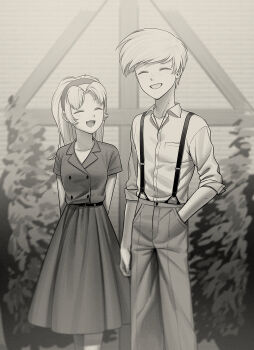 1boy 1girl :d ^_^ absurdres angel_dust arms_behind_back blurry blurry_background breasts brother_and_sister buttons closed_eyes collarbone collared_jacket collared_shirt commentary_request cowboy_shot denim depth_of_field double-breasted facing_another film_grain freckles greyscale grin hair_behind_ear hairband hand_in_pocket hazbin_hotel height_difference hellaverse highres jacket jeans long_hair medium_skirt menma_(enaic31) molly_(hazbin_hotel) monochrome open_mouth outdoors pants parted_bangs plant shirt short_hair short_sleeves siblings skirt small_breasts smile standing suspenders swept_bangs teeth three-quarter_sleeves tongue twins upper_teeth_only very_short_hair