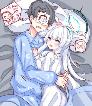 1boy 1girl absurdres blue_archive blush couple doodle_sensei_(blue_archive) halo hetero highres hug long_hair lying noa_(blue_archive) noa_(pajamas)_(blue_archive) on_bed on_side open_mouth pajamas peroro_(blue_archive) peroronti pillow sensei_(blue_archive) sleeping white_hair white_halo white_pajamas