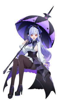1girl absurdres ahoge animated black_nails black_shoes black_skirt bow breasts clothing_cutout commentary_request dress drill_hair drill_sidelocks frilled_sleeves frills full_body high_heels highres holding holding_umbrella live2d long_hair long_sleeves medium_breasts open_mouth pantyhose pointy_ears purple_hair red_eyes shibuya_(kurokamishain) shoes side_cutout sidelocks simple_background skirt solo umbrella virtual_youtuber vivian_banshee white_background white_dress zenless_zone_zero