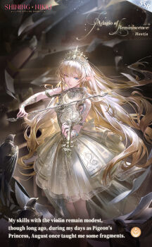 1girl adagio_of_reminiscence_(shining_nikki) animal artist_request bird blonde_hair blue_eyes bow_(music) character_name commentary copyright_name crown dark dress elf english_commentary english_text expressionless eyelashes feet_out_of_frame floating_hair gold_crown hair_between_eyes hawk hestia_(shining_nikki) heterochromia highres holding holding_bow_(music) holding_instrument holding_violin indoors instrument light_particles logo long_hair looking_at_viewer medium_dress music nikki_(series) official_art parted_lips playing_instrument pleated_dress pointy_ears second-party_source sheet_music shining_nikki sleeveless sleeveless_dress solo spotlight stage standing theater train_(clothing) very_long_hair violin wavy_hair white_arm_warmers white_dress yellow_eyes