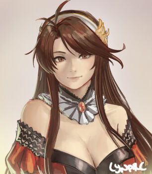 1girl artist_name bare_shoulders breasts brown_eyes brown_hair cleavage commentary dress fire_emblem fire_emblem:_mystery_of_the_emblem fire_emblem_cipher highres large_breasts looking_at_viewer lynarc nintendo red_dress revision sheena_(fire_emblem) simple_background smile solo upper_body