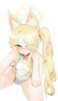1girl absurdres animal_ear_fluff animal_ears blonde_hair blue_archive breasts clothing_cutout commentary covered_navel cross_halo diamond_cutout eyes_visible_through_hair fox_ears fox_girl fox_tail hair_over_one_eye halo highleg highleg_one-piece_swimsuit highres long_hair official_alternate_costume official_alternate_hairstyle one-piece_swimsuit orange_eyes seia_(blue_archive) seia_(swimsuit)_(blue_archive) side_ponytail small_breasts solo swimsuit synkhro tail white_one-piece_swimsuit yellow_halo