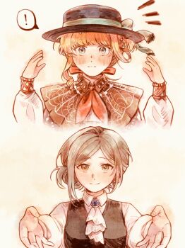 Rule 34 | !, 2girls, :|, ascot, black hat, black vest, blonde hair, blue bow, blue eyes, blush, boater hat, bow, brown dress, ciaosalut, closed mouth, collared shirt, cropped torso, dress, grey eyes, grey hair, hair bun, hands up, hat, hat bow, headwear switch, highres, kiperina, looking at viewer, multiple girls, neckerchief, notice lines, outstretched arms, outstretched hand, red neckerchief, reverse:1999, shirt, single side bun, smile, speech bubble, spoken exclamation mark, upper body, vertin (reverse:1999), vest, white ascot, white shirt, yellow background