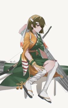 Rule 34 | 1girl, bow (weapon), breasts, brown eyes, brown gloves, brown hair, commentary request, flight deck, gloves, green hakama, green kimono, hakama, headband, highres, hiryuu (kancolle), hiryuu kai san (kancolle), japanese clothes, kantai collection, kimono, large breasts, ningfeng233, orange kimono, partially fingerless gloves, partly fingerless gloves, rigging, short hair, sitting, solo, tasuki, thighhighs, two-tone kimono, weapon, white headband, white thighhighs, wide sleeves, yugake, yumi (bow)