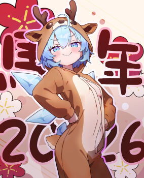 1girl 2026 alternate_costume antlers blue_bow blue_eyes blue_hair blush bow breasts button_gap chikuzen1996 cirno closed_mouth commentary_request deer_antlers deer_costume fake_antlers fake_tail hair_bow hands_on_own_hips highres hood hood_up horns ice ice_wings long_sleeves looking_at_viewer navel no_bra no_panties smile smug solo tail touhou translation_request wings