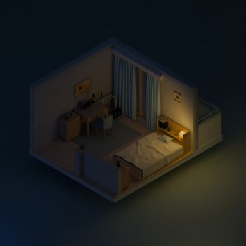 3d assault_rifle bag bed bed_sheet bedroom bicycle black_background black_bag blender_(medium) blue_archive book bulletin_board chair commentary curtains dark desk desk_lamp drawer floorplan flower_pot glowing gun headphones highres isometric lamp night no_humans pillow plant potted_plant rifle rumshon0022 school_bag sig_sauer_556 simple_background variant_set weapon