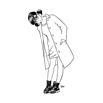 black-framed_eyewear black_shoes closed_mouth eguchi_hisashi greyscale hand_in_pocket head_tilt highres jacket looking_at_viewer low_twintails monochrome open_clothes open_jacket original oversized_clothes shirt shoes short_twintails signature simple_background solo standing twintails white_background