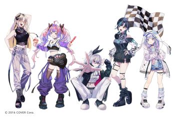 5girls ;d ahoge animal_hood arm_on_knee arm_up asymmetrical_legwear belt belt_pouch beret black_belt black_boots black_bow black_bra black_choker black_hair black_hat black_jacket black_nails black_shirt black_shorts black_socks black_tank_top black_thighhighs blonde_hair blue_eyes blue_hair blue_shirt blue_shorts blunt_bangs blunt_ends boots bow bra bra_over_clothes braid cargo_pants center-flap_bangs character_name checkered_flag choker closed_mouth clothing_cutout colored_inner_hair commentary_request contrapposto copyright_notice cosmetics cover crop_top cropped_shirt crossed_arms crossed_bangs curtained_hair double-parted_bangs earrings fangs flag flow_glow_(hololive) full_body green_hair grey_hair grey_pants hair_between_eyes hair_bow hair_flaps hair_intakes hair_over_shoulder hand_on_own_head hand_on_own_hip hat headphones headphones_around_neck heart heart_o-ring highres holding holding_flag holding_lipstick_tube hololive hololive_dev_is hood hood_up hooded_jacket isaki_riona isaki_riona_(1st_costume) jacket jewelry kikirara_vivi kikirara_vivi_(1st_costume) knee_cutout knee_strap koganei_niko koganei_niko_(1st_costume) lace-up_boots leg_warmers lipstick_tube long_hair long_shirt long_sleeves looking_at_viewer loose_socks low_twin_braids low_twintails makeup_brush medium_hair midriff mizumiya_su mizumiya_su_(1st_costume) multicolored_hair multiple_girls multiple_rings nail_polish navel o-ring o-ring_choker o-ring_thigh_strap off-shoulder_shirt off_shoulder official_art ogege_(ogege_kyit) one_eye_closed one_side_up open_clothes open_jacket open_mouth orange-tinted_eyewear pants pants_tucked_in parted_hair parted_lips pink_hair platform_boots pouch purple_arm_warmers purple_hair purple_pants rabbit_hood raglan_sleeves red_eyes rindo_chihaya rindo_chihaya_(1st_costume) ring round_eyewear see-through_clothes see-through_shirt shirt shoes short_shorts shorts shoulder_cutout side_braid sidelocks simple_background sleeveless sleeveless_shirt slit_pupils smile sneakers socks squatting standing streaked_hair sweatpants tank_top thigh_cutout thigh_strap thighhighs tinted_eyewear tongue tongue_out torn_clothes torn_pants twin_braids twintails underwear uneven_legwear very_long_hair virtual_youtuber white_background white_hair white_jacket white_pants white_shirt white_shoes white_sleeves