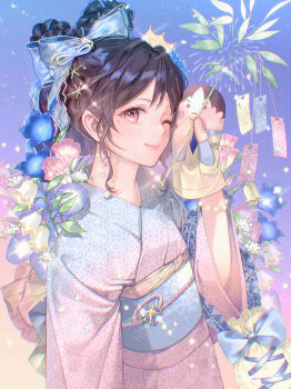 Rule 34 | 1girl, black hair, blue bow, blue flower, blue sash, bow, braid, braided hair rings, commentary request, flower, hair bow, hair rings, highres, japanese clothes, kimono, long sleeves, looking at viewer, obi, obijime, one eye closed, original, pink eyes, pink flower, print kimono, qixi festival, sash, smile, suzuri suzuna, tanabata, upper body, wide sleeves, yukata
