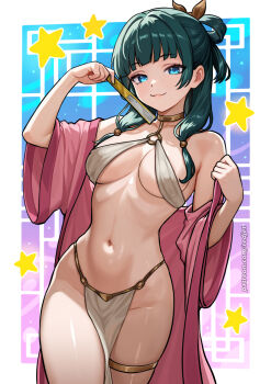 1girl blue_background breasts brown_ribbon closed_mouth collarbone commentary english_commentary gold_choker gold_trim gradient_background green_hair hair_ribbon hand_fan harem_outfit highres holding holding_fan kusuriya_no_hitorigoto long_hair looking_at_viewer maomao_(kusuriya_no_hitorigoto) medium_breasts navel pelvic_curtain pink_background redjet ribbon smile solo standing star_(symbol) stomach thigh_strap