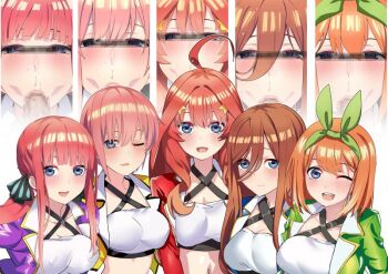 5girls :&gt;= ;d ahoge alternate_costume blue_jacket blush breasts brown_hair butterfly_hair_ornament censored closed_mouth commentary_request criss-cross_halter cropped_jacket go-toubun_no_hanayome green_hairband green_jacket hair_ornament hairband halterneck jacket large_breasts long_hair looking_at_viewer mosaic_censoring multiple_girls nakano_ichika nakano_itsuki nakano_miku nakano_nino nakano_yotsuba navel one_eye_closed open_mouth orange_hair pink_hair purple_jacket quintuplets red_hair red_jacket short_hair siblings sisters smile teeth toranpo_rintarou upper_teeth_only yellow_jacket