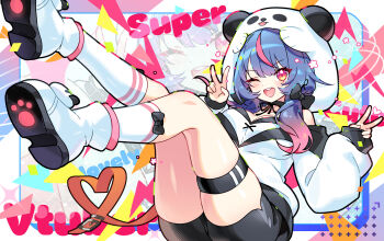 1girl ;d animal_ears animal_hood apple_caramel ass bare_shoulders black_bow black_shorts blue_hair blush boots bow breasts cleavage commentary_request commission copyright_request double_v fake_animal_ears gradient_hair hair_bow hair_over_shoulder highres hood hood_up jacket knees_together_feet_apart long_sleeves looking_at_viewer low_twintails medium_breasts multicolored_hair off_shoulder one_eye_closed open_mouth panda_ears panda_hood pinching_sleeves pink_hair pixiv_commission puffy_long_sleeves puffy_sleeves red_eyes shoe_soles short_shorts shorts skindentation sleeves_past_wrists smile socks solo streaked_hair thigh_strap twintails v virtual_youtuber white_boots white_jacket white_socks zoom_layer