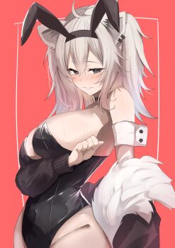 1girl absurdres ahoge animal_ear_hairband animal_ear_piercing animal_ears bare_shoulders black_choker black_leotard blush breasts choker cleavage commentary_request fake_animal_ears from_side fur-trimmed_jacket fur_trim grey_eyes hairband highres hip_bones hololive jacket large_breasts leotard lion_ears lion_girl lion_tail long_hair looking_at_viewer messy_hair partial_commentary playboy_bunny rabbit_ear_hairband rabbit_ears red_background shishiro_botan shy sidelocks solo tail taruto_(taruto0918) virtual_youtuber wrist_cuffs