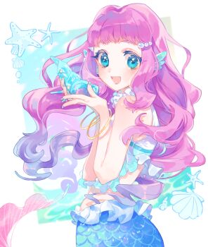 1girl aqua_nails blue_eyes conch crop_top from_side gem hibarisann highres jewelry laura_la_mer light_blush long_hair looking_at_viewer mermaid monster_girl open_mouth pearl_(gemstone) precure seashell shell shirt sleeveless sleeveless_shirt smile solo starfish tropical-rouge!_precure very_long_hair