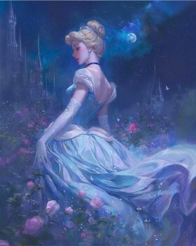 1girl blonde_hair blue_dress choker cinderella_(disney_character) cinderella_(disney_movie) dress earrings elbow_gloves gloves gown hair_bun hairband jewelry long_hair oilcanvasvibes princess realistic short_hair smile solo