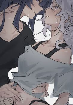 2girls black_shirt blush commentary eye_contact grey_hair grey_shirt hand_on_another&#039;s_neck hand_on_another&#039;s_waist highres honkai_(series) honkai_impact_3rd kiana_kaslana long_hair looking_at_another midriff moonsun77773 multiple_girls off-shoulder_shirt off_shoulder parted_lips purple_eyes purple_hair raiden_mei shirt simple_background sweat white_background yuri