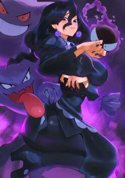 1girl absurdres alternate_breast_size_(larger) black_corset black_dress black_hair breasts claws closed_mouth colored_sclera commentary corset dress earrings english_commentary gastly gen_1_pokemon gengar ghost hair_between_eyes haunter hex_maniac_(pokemon) hex_maniac_(pokemon_legends:_z-a) highres hirosenpai jewelry juliet_sleeves large_breasts long_hair long_sleeves looking_at_viewer neck_ribbon nintendo open_mouth pokemon pokemon_(creature) pokemon_legends:_z-a puffy_sleeves purple_eyes purple_ribbon red_sclera ribbon smile teeth tongue tongue_out