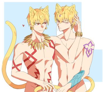 2boys animal_ears bracelet cat_boy cat_ears cat_tail chest_tattoo chinese_commentary commentary_request dual_persona earrings fate/grand_order fate_(series) gilgamesh gilgamesh_(caster)_(fate) gilgamesh_(fate) heart highres jewelry kemonomimi_mode male_focus multiple_boys necklace nude one_eye_closed selfcest shoulder_tattoo tail tattoo yaoi yidajiyidajiz