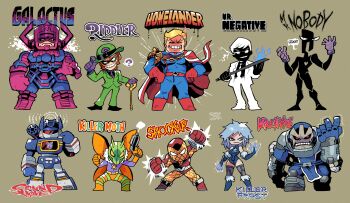 1girl 6+boys absurdres apocalypse_(marvel) batman_(series) blue_leotard cape dc_comics decepticon doom_patrol_(dc) evil_grin evil_smile eye_mask formal_clothes galactus gloves green_hat green_suit grin gun hat helmet highres holding holding_gun holding_sword holding_weapon homelander insect_wings katana killer_frost killer_moth leotard marvel mask moth_wings mr._negative mr._nobody multicolored_bodysuit multiple_boys purple_gloves purple_helmet rariatto_(ganguri) shocker_(spider-man) simple_background smile soundwave_(transformers) spider-man_(series) suicide_squad suit sword the_riddler transformers two-tone_bodysuit weapon white_suit wings
