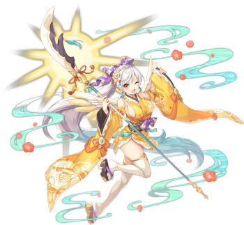 1girl artist_request bare_shoulders bow breasts cross feathered_wings flower full_body game_cg hair_between_eyes highres holding holding_polearm holding_weapon japanese_clothes legend_clover long_hair michael_(legend_clover) official_alternate_costume official_art okobo one_eye_closed open_mouth platform_clogs platform_sandals polearm purple_bow sandals sideboob third-party_source transparent_background weapon white_hair wings